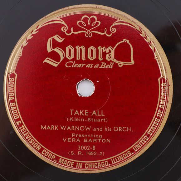 Mark Warnow Vera Barton, Slowly, Take All 1945 78 rpm Shellac Record Sonora 3002 - Picture 3 of 16